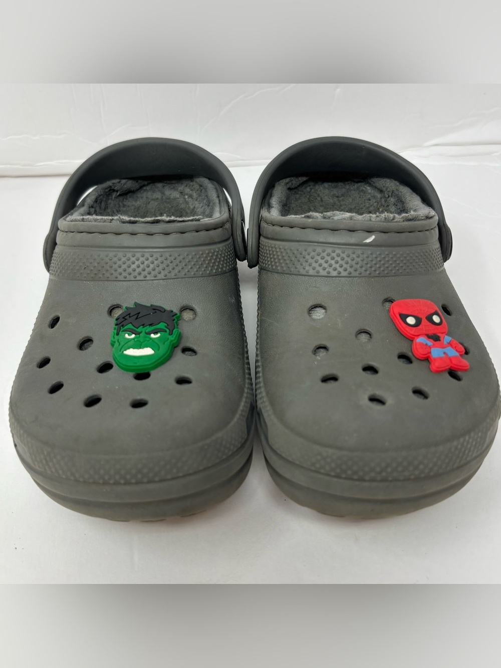 Crocs Classic Gray Slip On Clogs Toddler Shoes Spiderman Hulk Faux Fur Lined